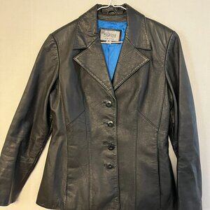 VTG Wilson’s Leather Women’s Blazer Jacket Black Size Medium Royal Blue Lining,